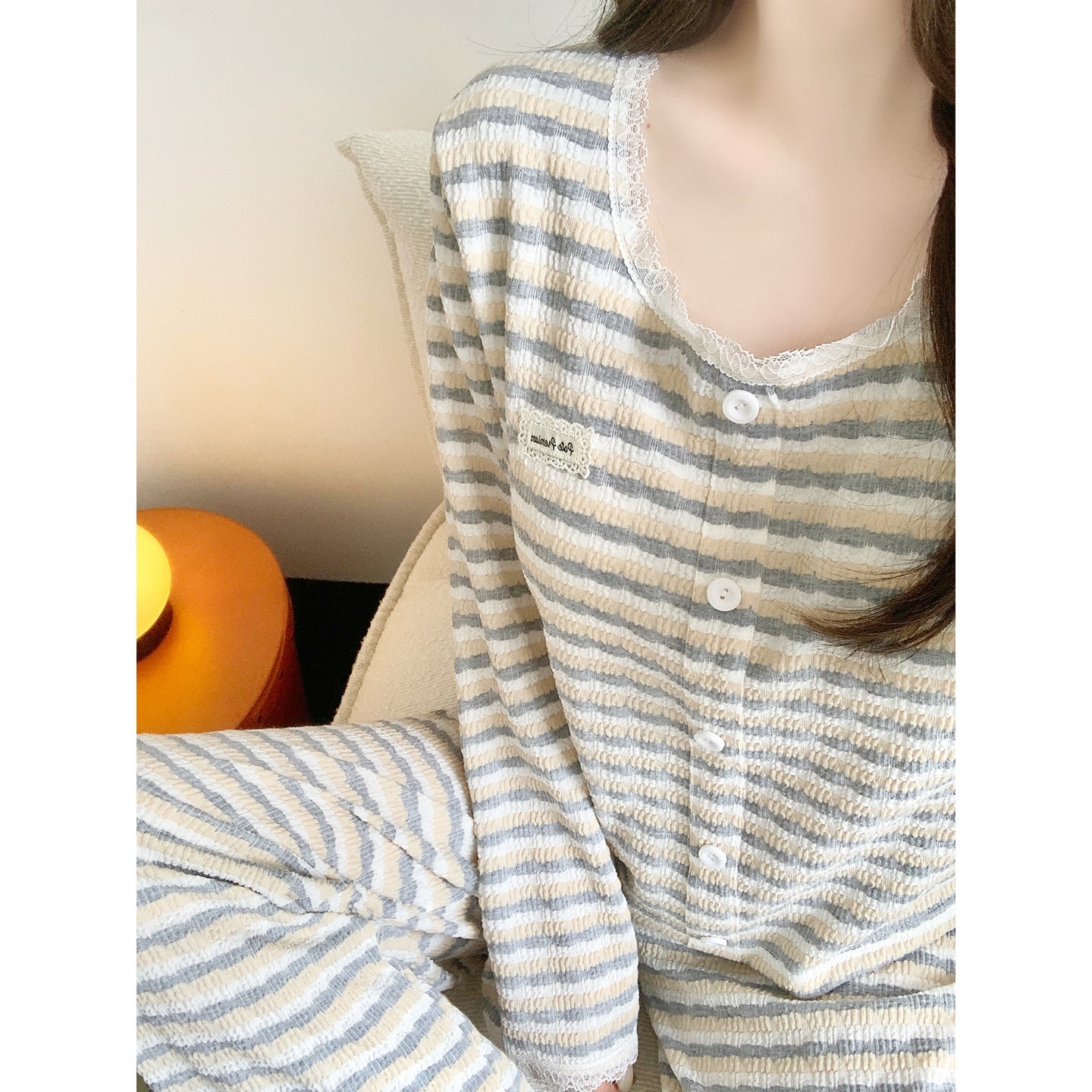 条纹蕾丝长袖睡衣女带胸垫2025春秋季新款花边套头针织家居服套装