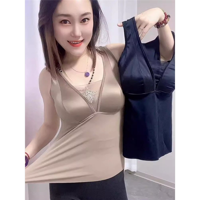 春季新款蕾丝深V聚拢一体杯缎面无痕保暖修身显瘦打底背心吊带女