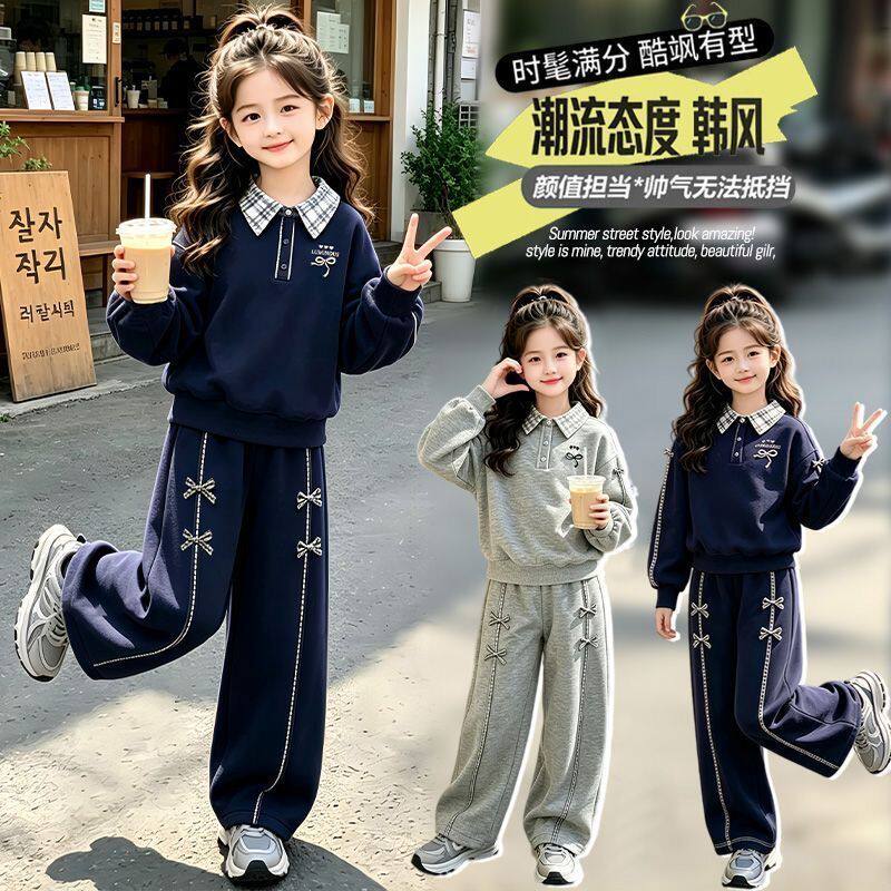 2026年中大童时尚蝴蝶结休闲裤两件套女童春秋假两件运动卫衣套装