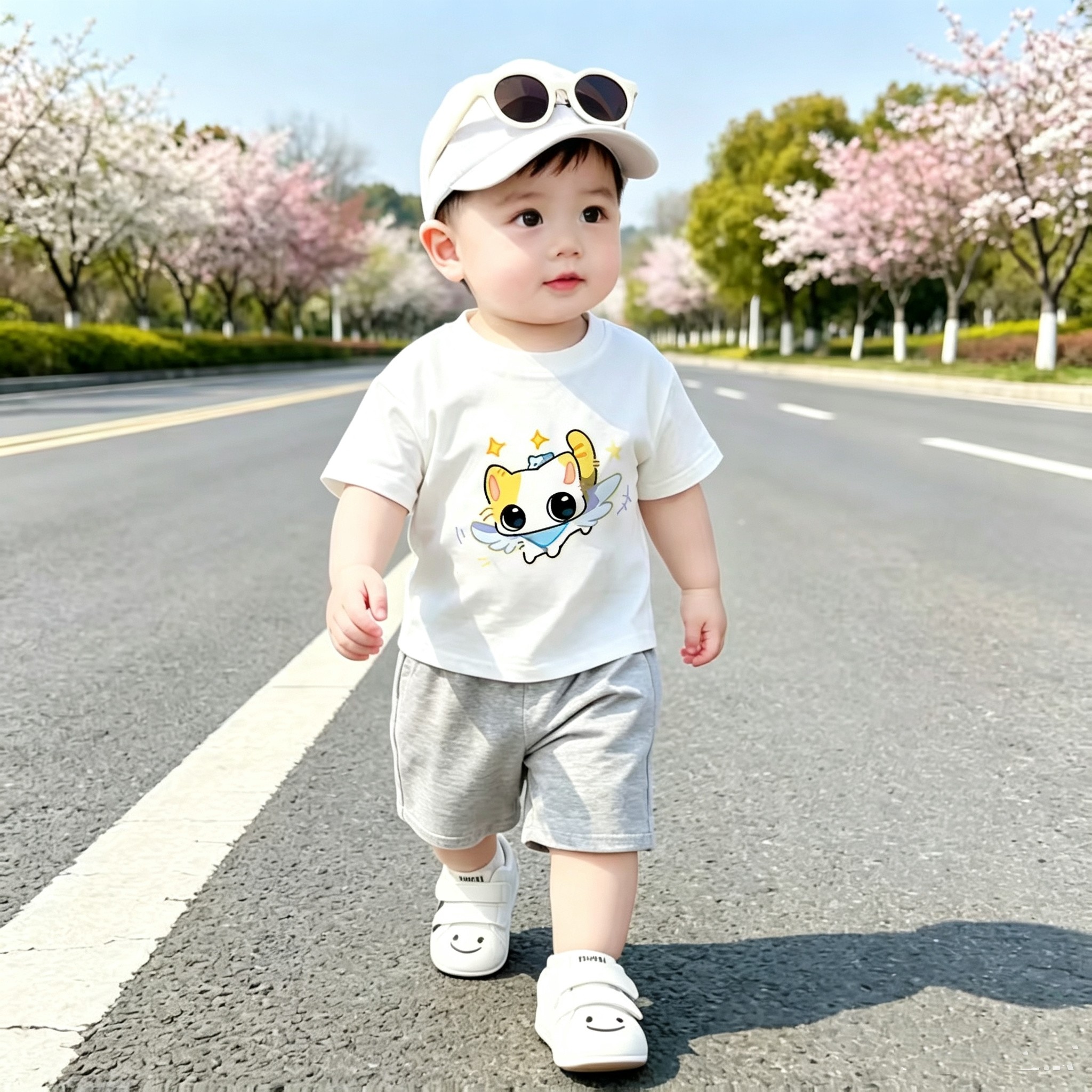 宝宝洋气全棉夏装儿童卡通飞猫短袖短裤婴幼儿宽松舒适外出两件套