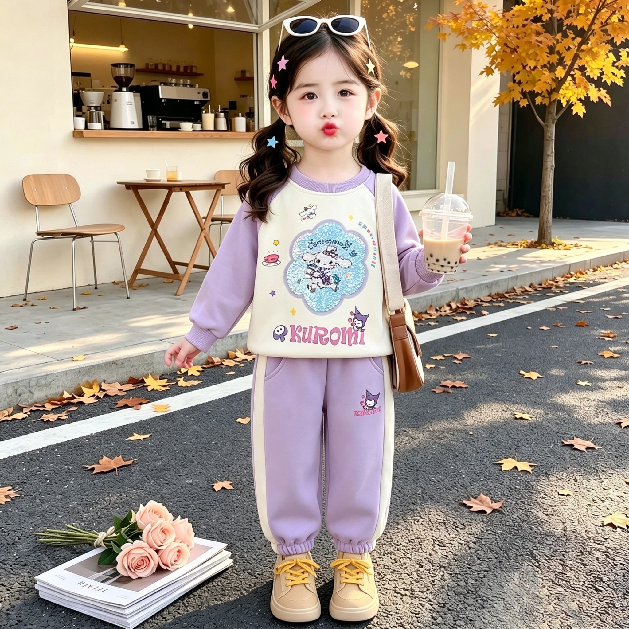 女童库洛米加绒卫衣套装2026春秋新款小女孩插肩袖休闲运动两件套