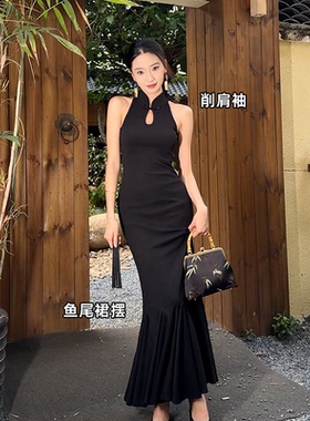 【闭月羞花】新中式国风连衣裙黑色旗袍盘扣收腰鱼尾长裙24014