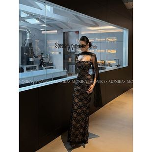 吊带礼服长裙带飘带包臀连衣裙26006 黑色蕾丝套装 致命女人