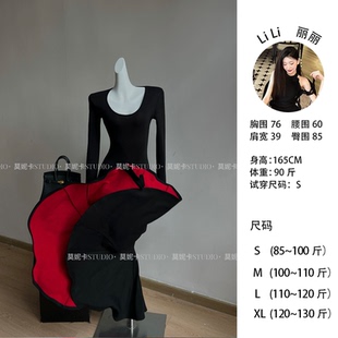 【红底步步生莲U领】长款U领套头款鱼尾冬季连衣裙修身款 25170