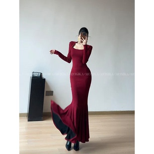 【黑底步步生莲】秋冬方领步步生莲鱼尾新款气质性感长裙25168