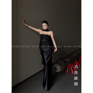 【夜缎】高级感黑色抹胸礼服无袖气质包臀鱼尾连衣裙26065