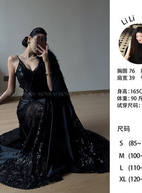 轻奢蕾丝连衣裙吊带V领珠片拼色长裙高级感晚宴时装25161