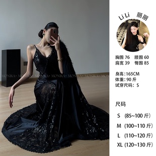 轻奢蕾丝连衣裙吊带V领珠片拼色长裙高级感晚宴时装 25161