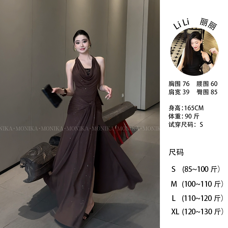 高级感绑带挂脖连衣裙女气质露背蕾丝亮片拼接荡领包臀裙子25115