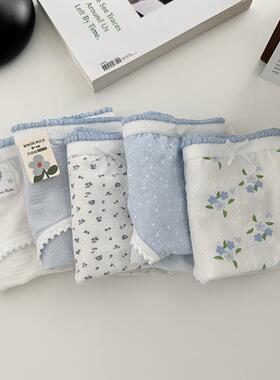 5条内裤女生纯棉蓝色碎花透气中腰少女A类婴儿棉7A抗菌三角裤新款