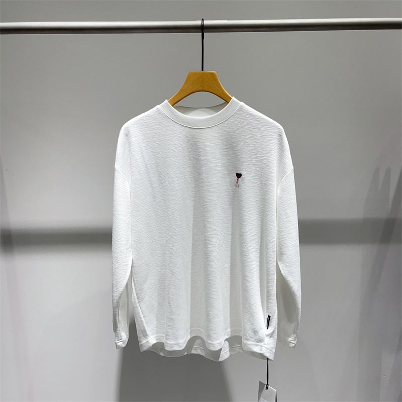 日系竹节棉圆领长袖T恤男秋季新款爱心刺绣宽松纯色打底衫体恤男