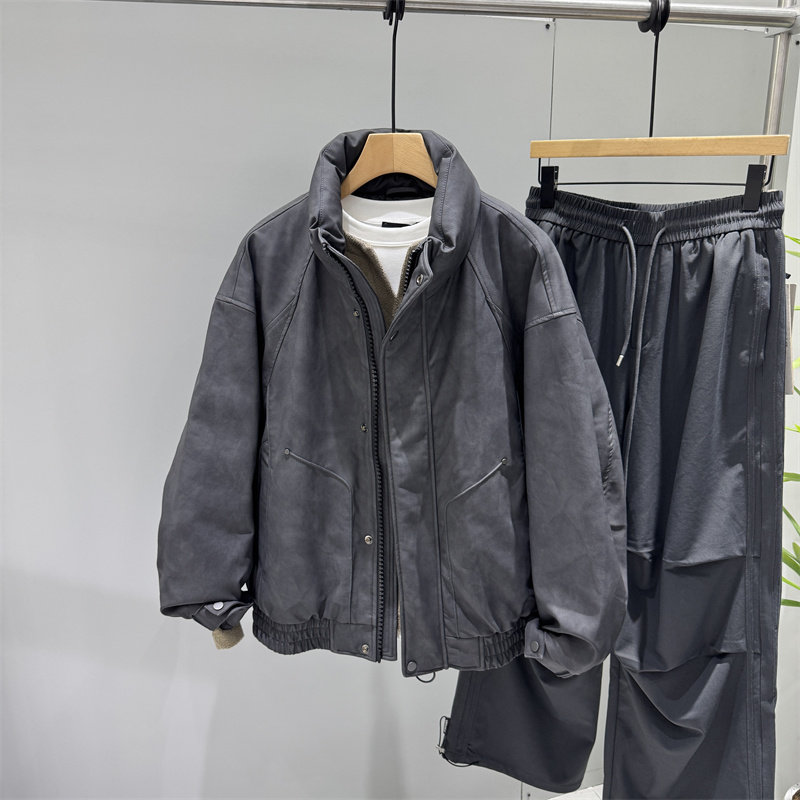 冬季男士PU皮立领加厚羽绒服