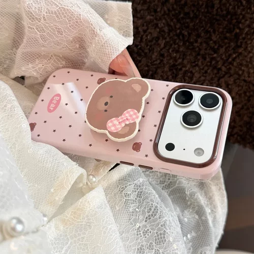 软萌小熊蝴蝶结适用苹果17pro 手机壳iphone18pm支架15软套16