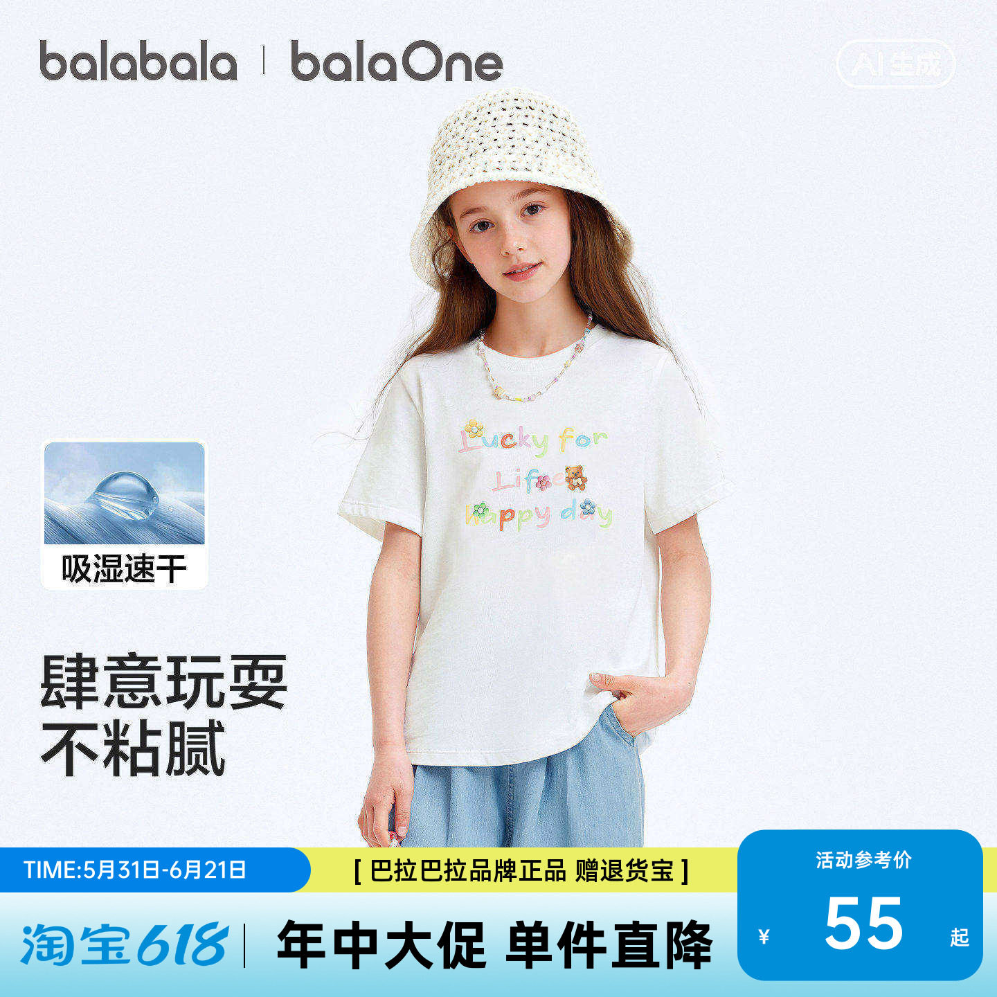 巴拉巴拉童装女童短袖t恤儿童2026新款夏装大童吸湿速干上衣洋气