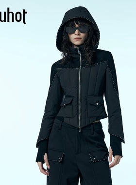 uhot/诱货黑色连帽修身鹅绒上衣短款廓形轻盈保暖25新款UWWW2W440