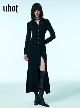 uhot/诱货黑色v领针织连衣裙系带开衩修身鱼尾裙25新款UWWW4L271