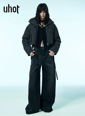 uhot/诱货黑灰色鹅绒上衣针刺牛仔复古质感羽绒服25新款UWWW4W266