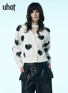uhot/诱货黑白撞色爱心可拆卸心飘带针织衫经典慵懒新款UWWW6Z217