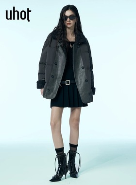 uhot/诱货灰色环保皮草拼接羽绒服防风保暖鹅绒服25新款UWWW5W389