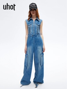 做旧复古褪色美学UWLR1L224 街头牛仔连体裤 uhot 诱货26夏蓝色美式