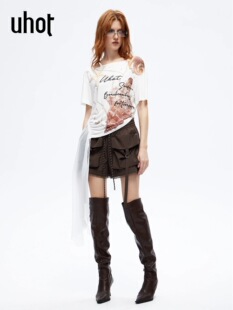 素印花上衣女UWLS3N020 海洋元 uhot 诱货26春白色抽褶不对称打底衫