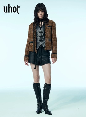 uhot/诱货黄色假两件皮革粗花呢外套女异材质拼接小香风UWWW4W367