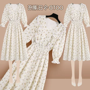 高级感别致中袖 新款 桃心领雪纺碎花连衣裙 2022春夏季 仙女长裙法式