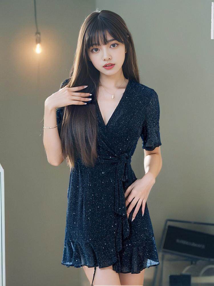 나이트 클럽 섹시한 새 블랙 러플 허리 슬리밍 V 넥 드레스 2024 트렌디 작업복 스커트 게임 착용