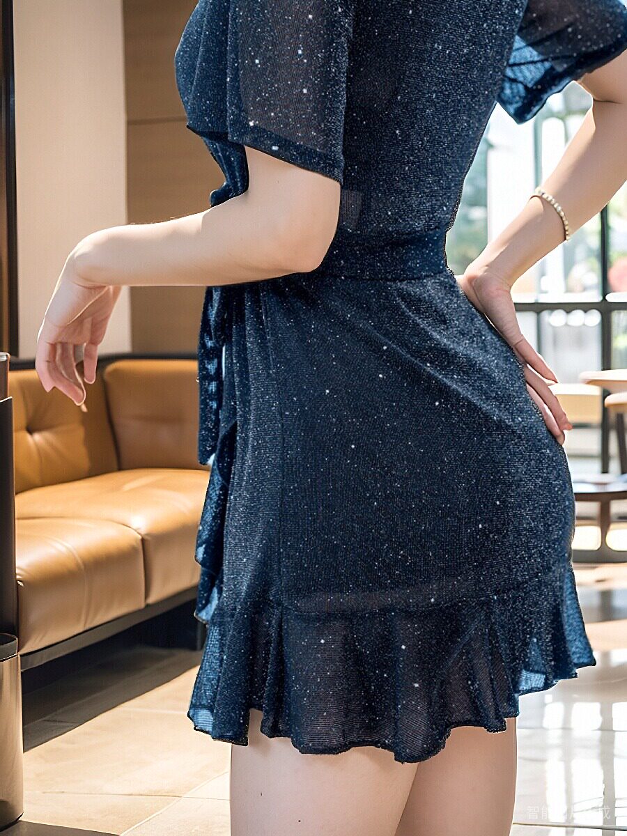 나이트 클럽 섹시한 새 블랙 러플 허리 슬리밍 V 넥 드레스 2024 트렌디 작업복 스커트 게임 착용