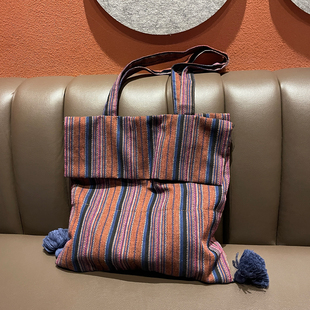 单肩学生托特包条纹帆布包 原创小众布包夏季 泰国清迈经典 流苏包