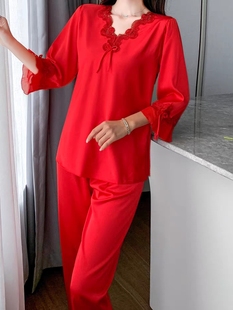 红色本命年套装女丝绸缎面V领夏季睡衣家居服两件套休闲上衣大码