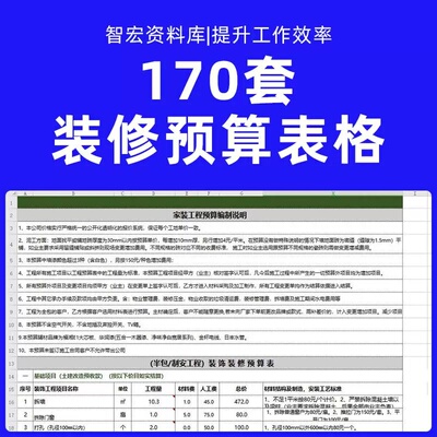 工程装修预算excel表格工家装半全包主材人工费用明细清单报价表