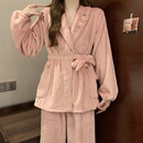 珊瑚绒睡衣女款 和服系带保暖家居服可外穿 秋冬加厚法兰绒甜美套装