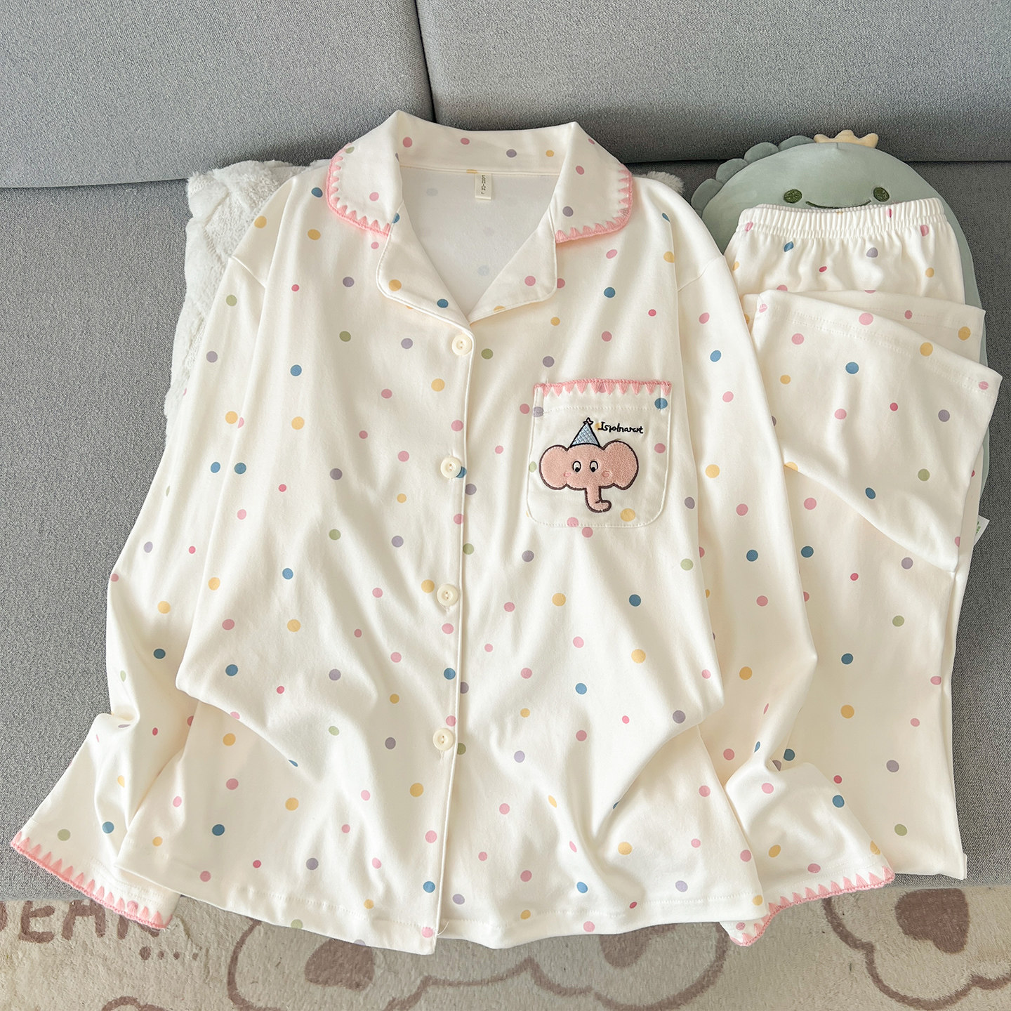 德绒睡衣女秋冬长袖套装可爱波点小象翻领宽松大码家居服春秋薄绒