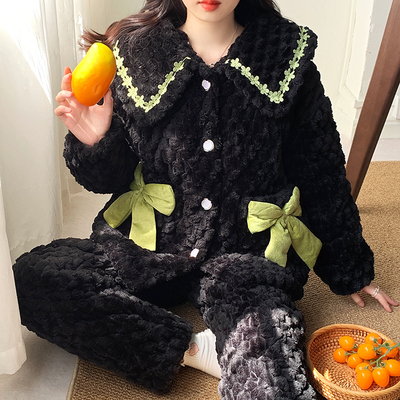 冬季三层夹棉睡衣女款加厚珊瑚绒