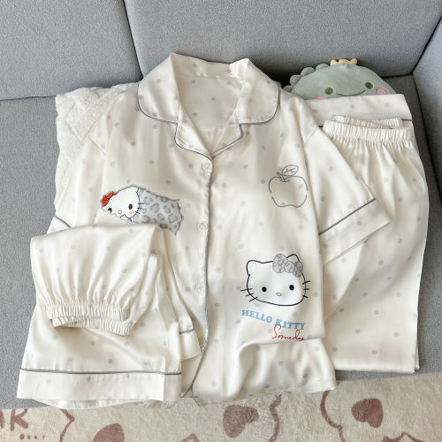 Kitty猫波点冰丝睡衣三件套女夏短袖长裤凉感可爱少女家居服套装