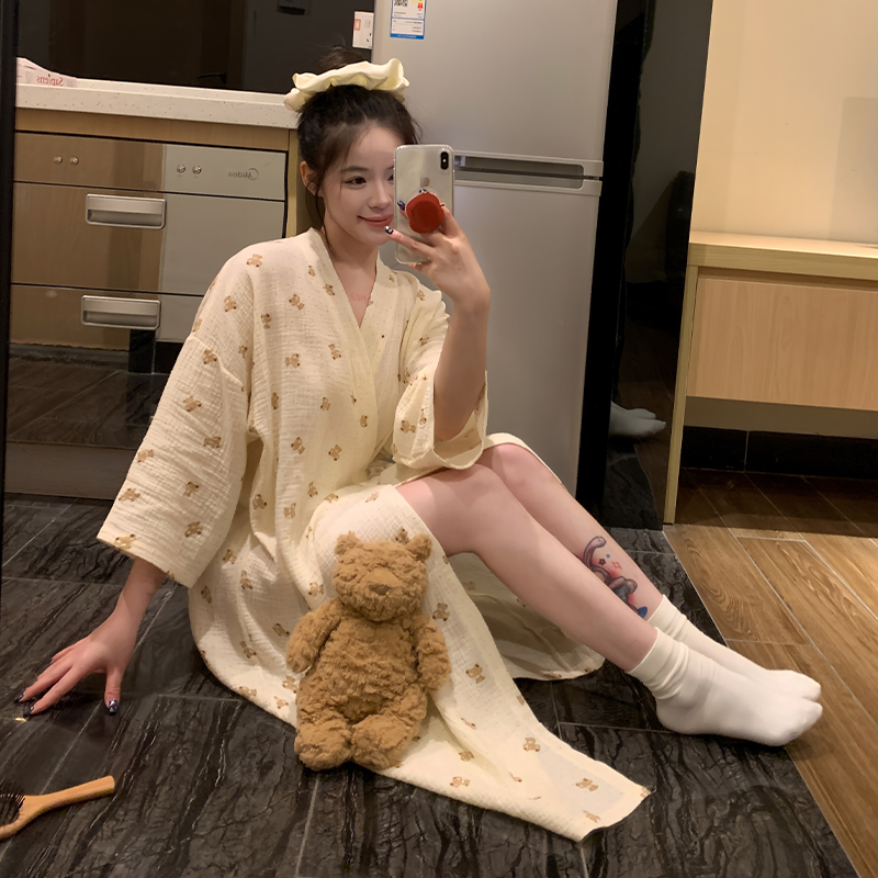 和服浴袍睡衣女款2025新款夏季纯棉中袖中长款睡裙开衫家居服薄款