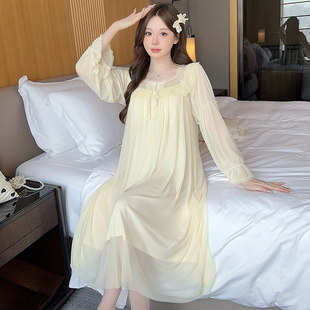 宫廷风睡裙女款春秋长袖性感蕾丝网纱甜美公主带胸垫家居服长裙子