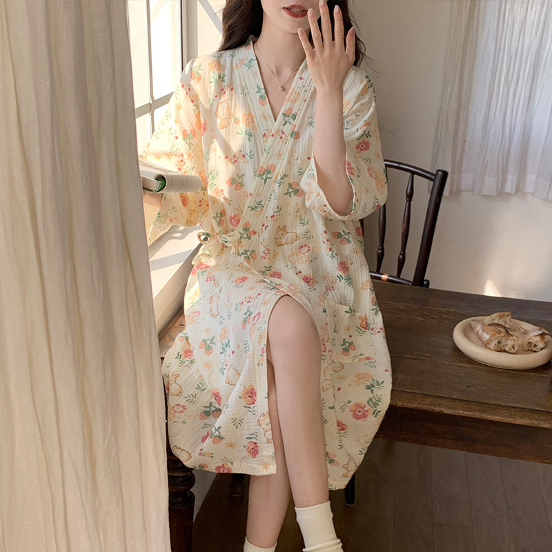 日系纯棉纱布睡衣女夏季2025新款和服睡裙长袖长款睡袍晨袍家居服