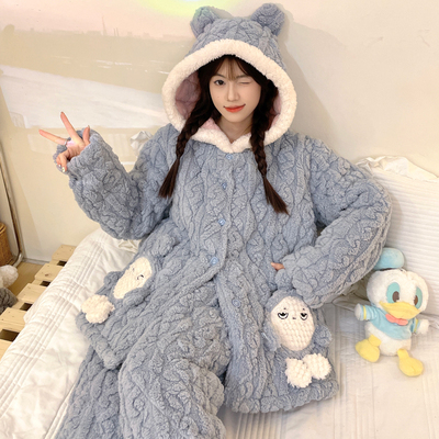 三层夹棉睡衣女秋冬季提花珊瑚绒