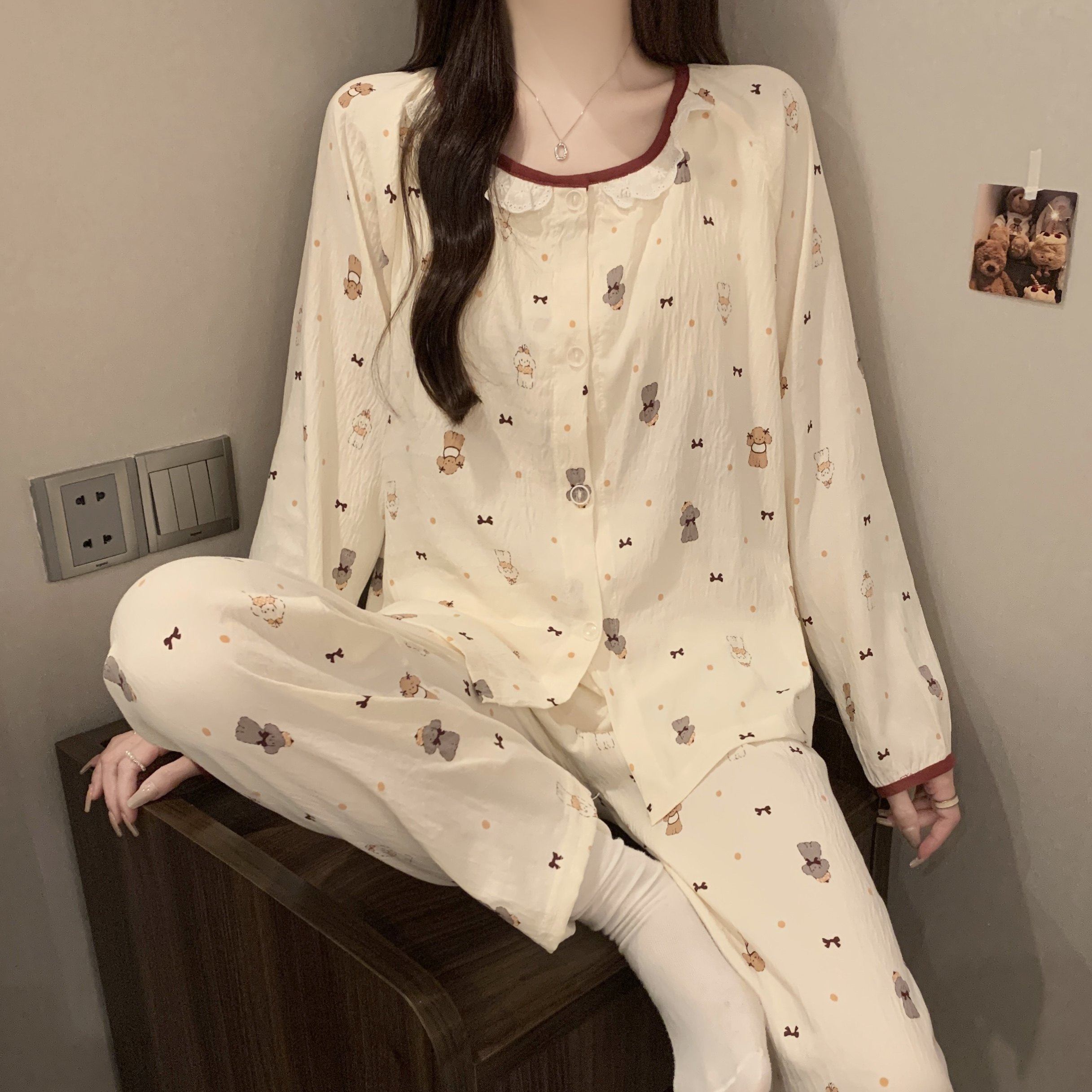 云朵棉长袖睡衣女春秋2026新款固定带胸垫宽松大码家居服套装春季,女士内衣/男士内衣/家居服,睡衣/家居服套装,淘宝优惠券,粉丝福利购,淘宝优惠卷