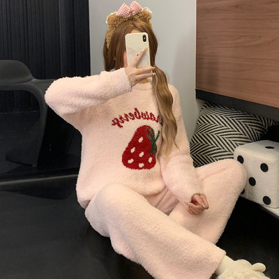 可爱草莓网红风睡衣女秋冬季套装