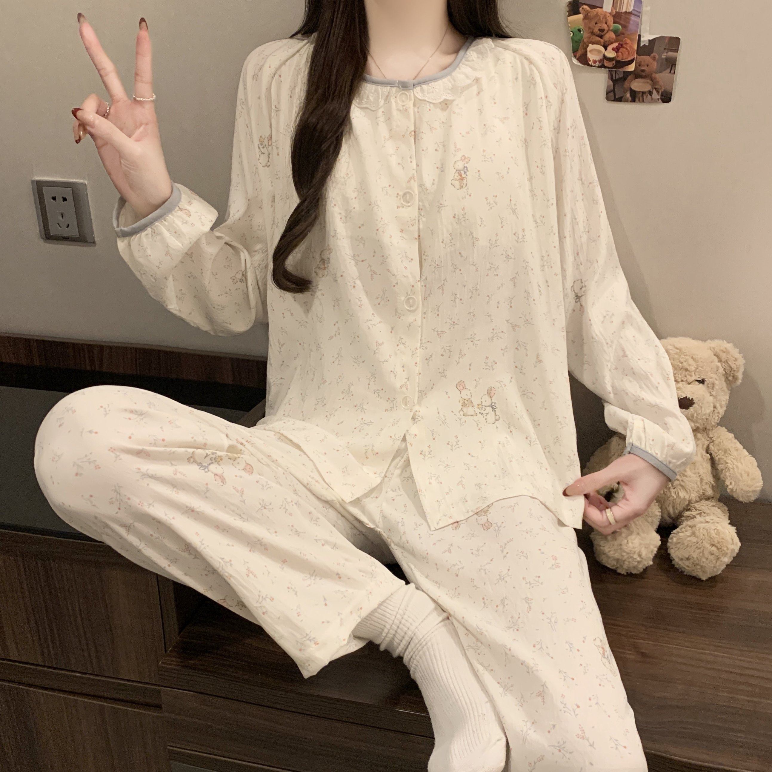 甜美碎花云朵棉长袖睡衣女春秋蕾丝花边开衫长裤家居服套装带胸垫,女士内衣/男士内衣/家居服,睡衣/家居服套装,淘宝优惠券,粉丝福利购,淘宝优惠卷