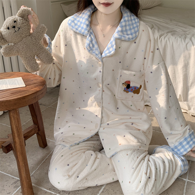 法兰绒睡衣女秋冬季加绒加厚保暖