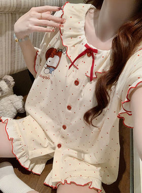 睡衣女款夏季2026新款带胸垫甜美卡通KT猫短袖短裤家居服薄款套装