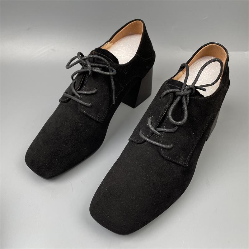 欧美黑色头层牛皮系带单鞋女高跟