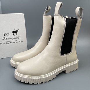 品牌撤柜断码 真皮牛皮切尔西靴女中筒烟筒靴厚底显腿长米白色短靴