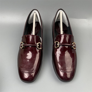 女一脚蹬舒适百搭通勤浅口单鞋 真皮亮皮金属扣乐福鞋 撤柜品牌34码