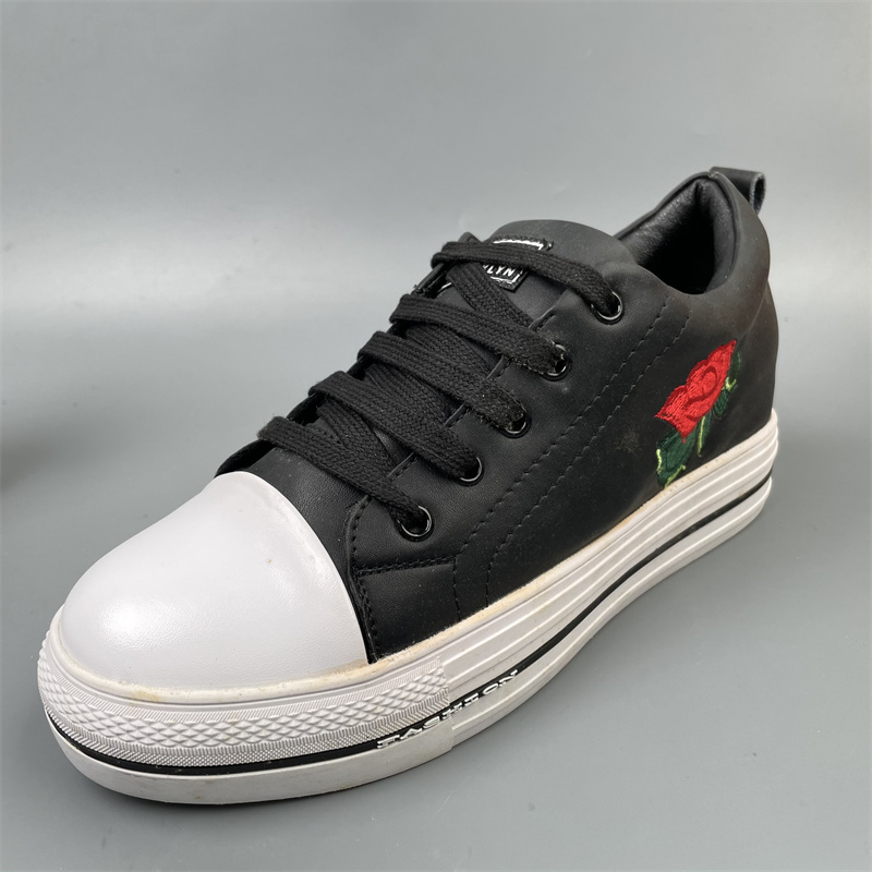 40极简刺绣玫瑰真皮女鞋黑色系带