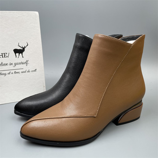 品牌库存处理冬季 靴头层牛皮马丁靴女 真皮女短靴尖头粗跟百搭时装